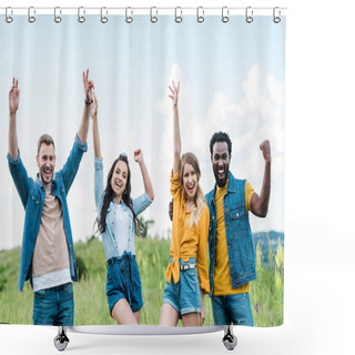 Personality  Happy Multicultural Friends Standing Together And Gesturing While Celebrating Triumph  Shower Curtains