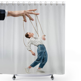 Personality  Cropped View Of Puppeteer Holding Marionette On Strings Isolated On Grey Shower Curtains