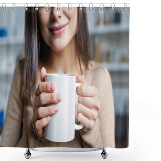 Personality  Cropped View Of Pleased Young Woman Holding Cup Of Warm Drink At Home Shower Curtains