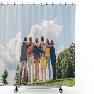 Personality  Back View Of Happy Kids Standing And Hugging In Park  Shower Curtains