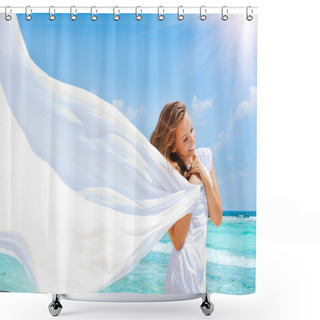Personality  Beautiful Girl With White Scarf On The Beach Shower Curtains