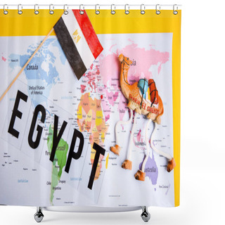 Personality  Egypt Travel Concept, Camel Magnet, Egypt Flag Over World Map, Boarding Pass With Passport Shower Curtains