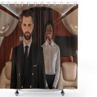 Personality  Selective Focus Of Confident Pilot And Smiling African American Stewardess Looking At Camera In Private Plane Shower Curtains