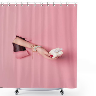 Personality  Cropped View Of Young Woman Holding Present Pink Background With Hole  Shower Curtains