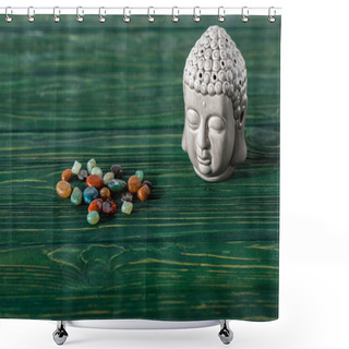 Personality  Buddha Statuette And Colorful Semiprecious Stones On Wooden Surface Shower Curtains