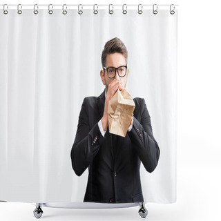 Personality  Scared Businessman In Suit Breathing In Paper Bag During Conference Isolated On White  Shower Curtains