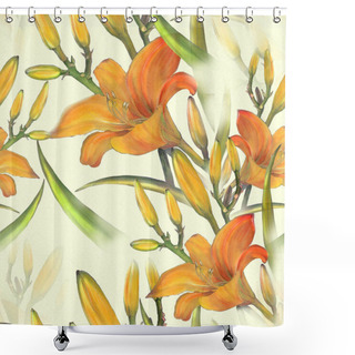 Personality  Flowers, Buds And Leaves Of A Yellow Lily. Watercolor. Floral Motifs. Seamless Pattern. Shower Curtains