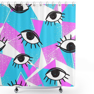 Personality  Vector Retro Style Futuristic Seamless Pattern. Vintage Colorful Background. All Seeing Eye Symbol. Eighties Fashion Illustration. 80s Fashion, 80s Party, 80s Style. Best Template For Your Design. Shower Curtains