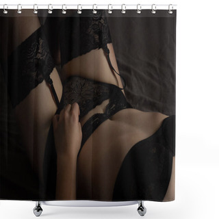 Personality  A Girl In Black Underwear With Suspenders Lies On Her Back. Shower Curtains
