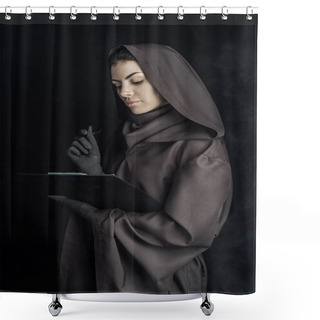 Personality  Woman In Death Costume Holding Clipboard On Black Shower Curtains