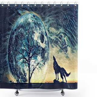 Personality  Fantasy Landscape Illustration Artwork - Howling Wolf And Bare Tree Silhouettes With Huge Planet Rising Behind In Starry Sky Shower Curtains
