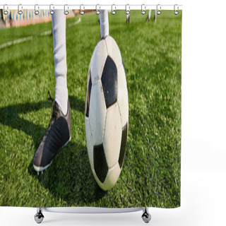 Personality  A Person Standing On Top Of A Soccer Ball On A Lush Green Field, Showcasing Perfect Balance And Skill In A Stunning Athletic Feat. Shower Curtains