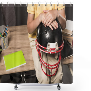 Personality  Cropped Image Of Schoolboy Holding American Football Helmet And Sitting On Table With Books, Colour Pencils And Textbook On Grey Background  Shower Curtains
