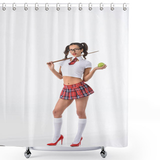 Personality  Young Sexy Schoolgirl With Wooden Pointer And Apple Isolated On White Shower Curtains