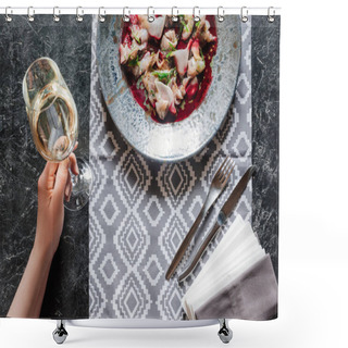 Personality  Cropped Shot Of Person Holding Glass Of Wine And Eating Gourmet Ceviche With Dorado  Shower Curtains