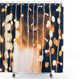 Personality  Golden Christmas Garland With Blurred Woman Moving On Background Shower Curtains