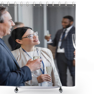 Personality  Selective Focus Of Asian Businesswoman Holding Champagne Glass Near Colleagues Shower Curtains