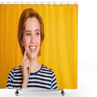 Personality  Close-up Portrait Of Her She Nice-looking Lovely Pretty Charming Attractive Cheerful Cheery Girl Touching Cheek Looking Aside Isolated Over Bright Vivid Shine Yellow Background Shower Curtains