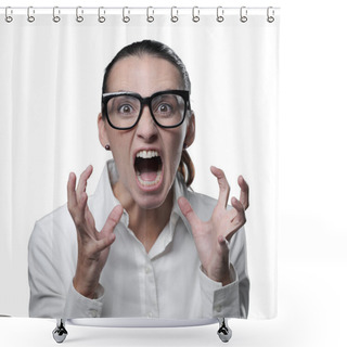 Personality  Aggressive Angry Woman Shouting At Camera, She Is Feeling Furious And Frustrated Shower Curtains