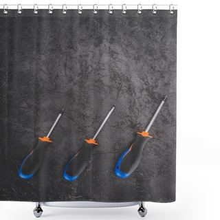 Personality  Top View Of Three Screwdrivers Placed In Row On Black Rustic Surface  Shower Curtains