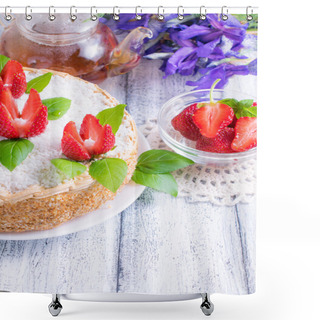 Personality  Celebratory Cake With Strawberries Flowers, Tea And Irises Shower Curtains
