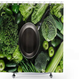 Personality  Top View Of Frying Pan On Grass Between Green Vegetables, Healthy Eating Concept Shower Curtains