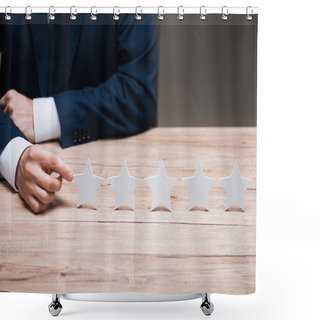 Personality  Cropped View Of Man In Formal Wear Pointing With Finger At Star Isolated On Grey, Quality Concept  Shower Curtains