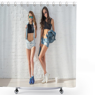 Personality  Fashion Women Friends Wearing Sunglasses In Summer Jeanswear Street Urban Casual Style Having Fun On The Background Of Brick Wall. Shower Curtains