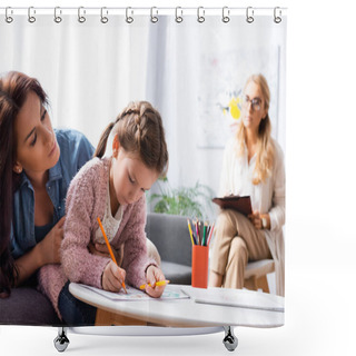 Personality  Little Girl Patient Drawing Picture While Visiting Psychologist With Mother Shower Curtains