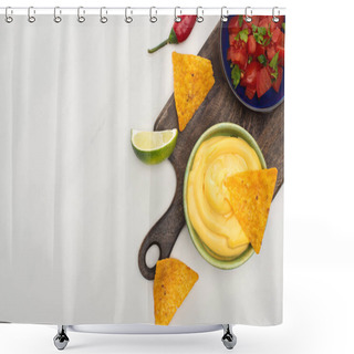 Personality  Top View Of Corn Nachos With Lime, Chili And Cheese Sauce On Wooden Cutting Board On White Background Shower Curtains
