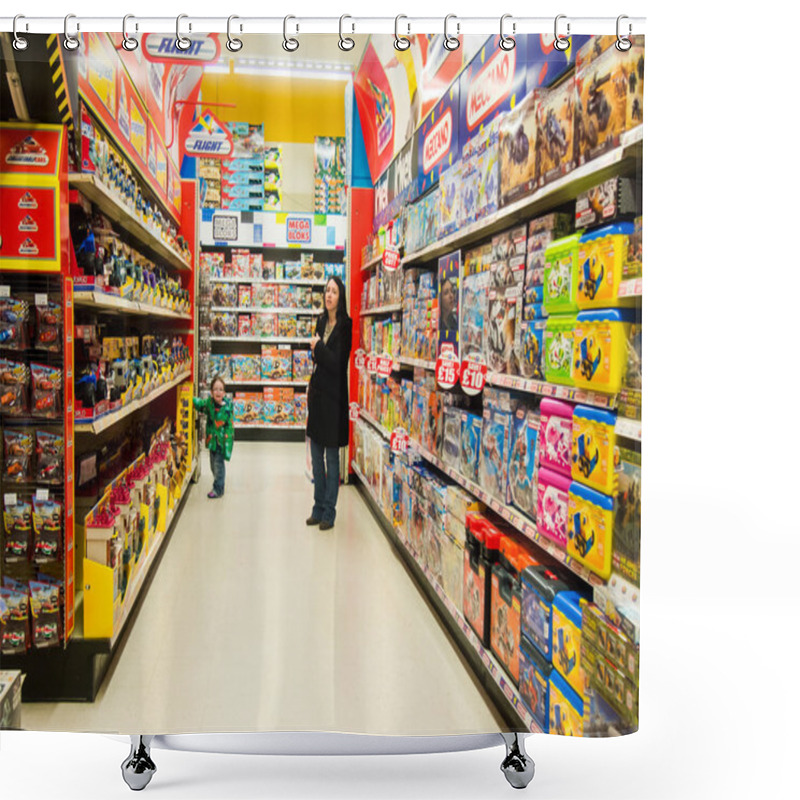 Personality  Young boy and mother shopping in a large toy store shower curtains