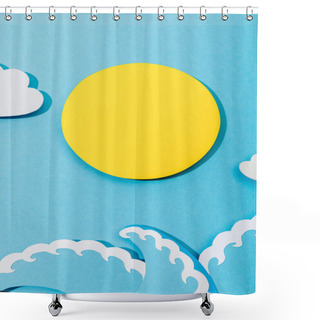 Personality  Top View Of Paper Cut Sun, Clouds And Sea Waves On Blue Background Shower Curtains