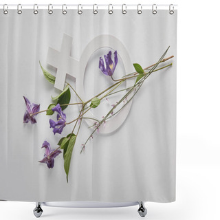 Personality  Top View Of Violet Flowers And Venus Sign On White Background Shower Curtains
