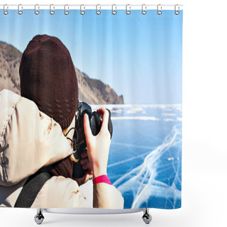 Personality  The Girl With The Camera. Photographer In Winter. Ice On Lake Ba Shower Curtains