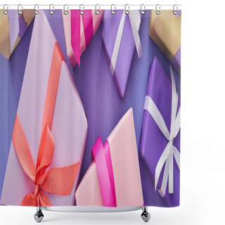 Personality  Top View Of Colorful Presents With Bows On Purple Background, Panoramic Shot Shower Curtains