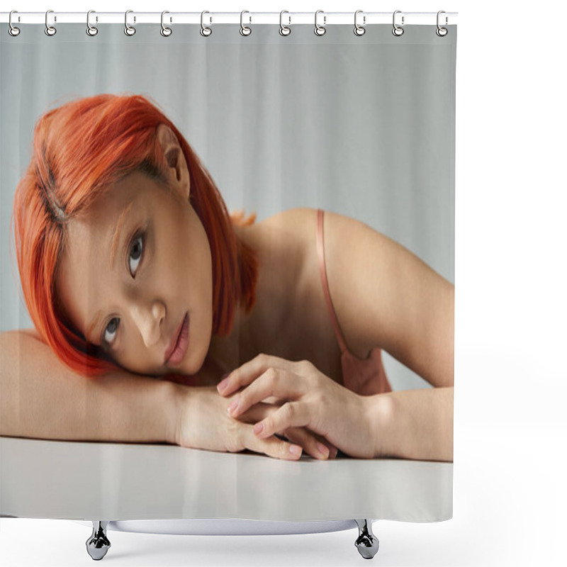 Personality  Young Asian Woman Posing And Looking At Camera On Grey Background, Sophistication And Grace Shower Curtains