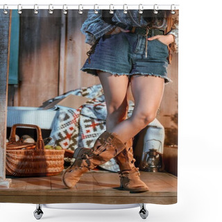 Personality  Woman In Brown Shoes And Jeans Shorts Shower Curtains
