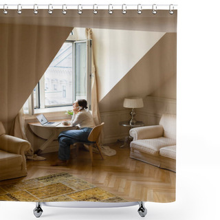 Personality  Barefoot Woman Talking On Mobile Phone Near Laptop And Window In Cozy Attic Room Shower Curtains