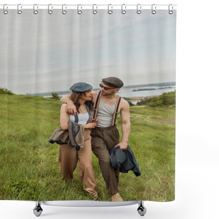 Personality  Fashionable Man In Vintage Outfit And Sunglasses Hugging Brunette Girlfriend And Talking While Walking On Blurred Grassy Hill With Cloudy Sky At Background, Stylish Partners In Rural Escape Shower Curtains