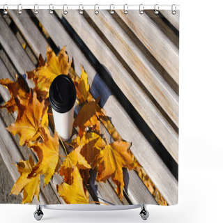 Personality  Takeaway Coffee.A Paper Cup With Espresso Coffee. Autumn Leaves. Wooden Background. Mock Up,space For Text,autumn Composition. Shower Curtains