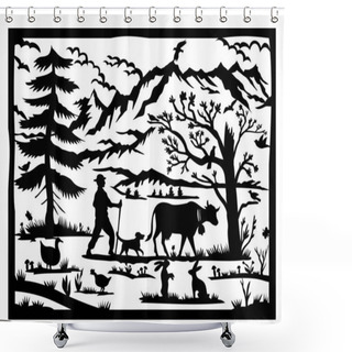 Personality  Swiss Scherenschnitt Or Scissors Cut Illustration Of Silhouette Of Swiss Alps With Fir Tree And Farmer, Cow, Dog, Rabbit, Goose, Butterfly, Mountains And Birds Done In Paper Cut Or Decoupage Style Shower Curtains
