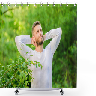 Personality  Meet New Day. Nature Peaceful Environment. Natural Beauty Remedies. Keep It Healthy Way. Nature Relax Spa Resort. Feel Power Of Nature. Man Handsome Bearded Guy Morning Stretching Nature Background Shower Curtains