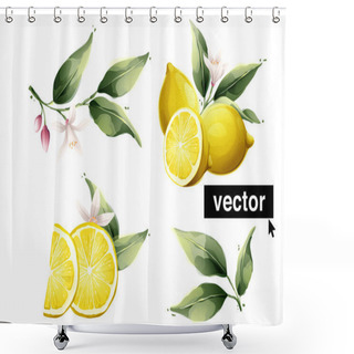 Personality  Vector Lemon Watercolor Style Illustration. Set Of Green Leaves, Flowers, Buds, And Branches. Perfect For Background For Greetings, Birthdays, Mothers Day Cards. Shower Curtains