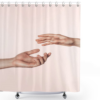 Personality  Partial View Of Woman And Man Approaching Hands To Each Other Isolated On Pink Background  Shower Curtains