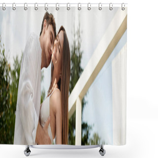 Personality  Passionate Man Embracing Cheerful Woman In White Beach Wear On Luxury Resort During Vacation, Banner Shower Curtains