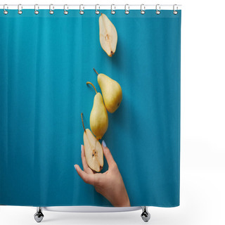 Personality  Cropped Image Of Woman Taking Half Of Pear From Blue Surface Shower Curtains