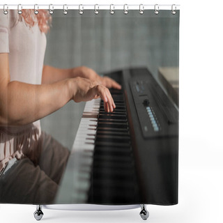 Personality  Close-up Of Female Hands On The Electric Piano. Woman Musician Plays A Keyboard Instrument. Shower Curtains
