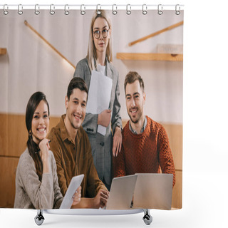 Personality  Group Of Happy Coworkers Smiling In Cafe Near Gadgets Shower Curtains