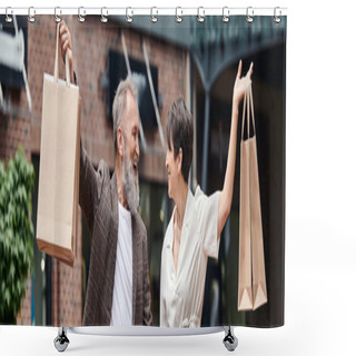 Personality  Banner, Excited And Senior Couple Holding Shopping Bags, City Lifestyle, Happy Man And Woman Shower Curtains