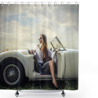 Personality  Beautiful Fashion Woman On A Car Shower Curtains